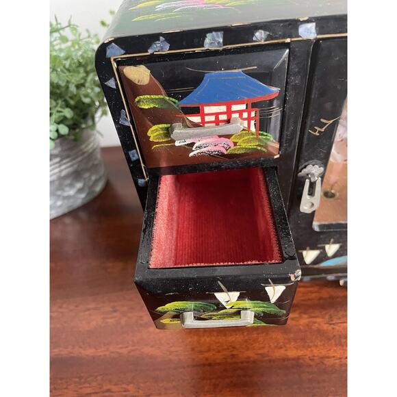 Vintage Black Lacquer Japanese Jewelry Box Ballerina Music Box Hand-painted - Picture 5 of 12